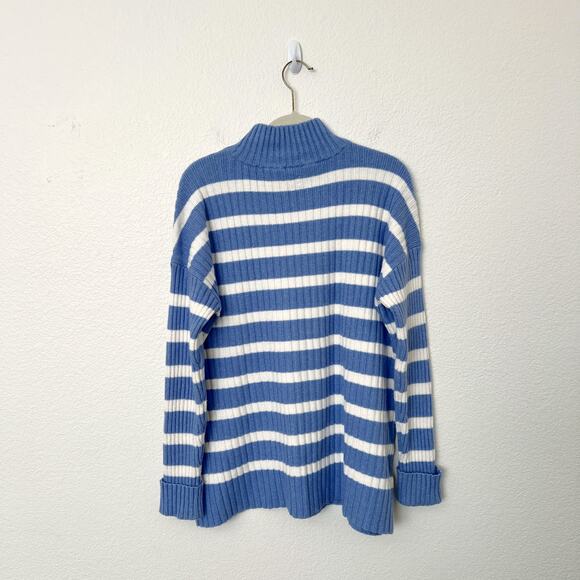 [LOFT] Blue White Striped Ribbed Knit Pullover Turtleneck Sweater Size Small S - Picture 3 of 12